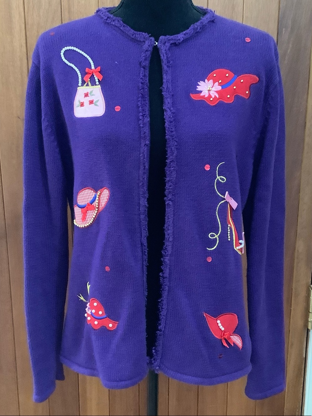 BonWorth Purple Cardigan Sweater with Red & Pink Appliqués